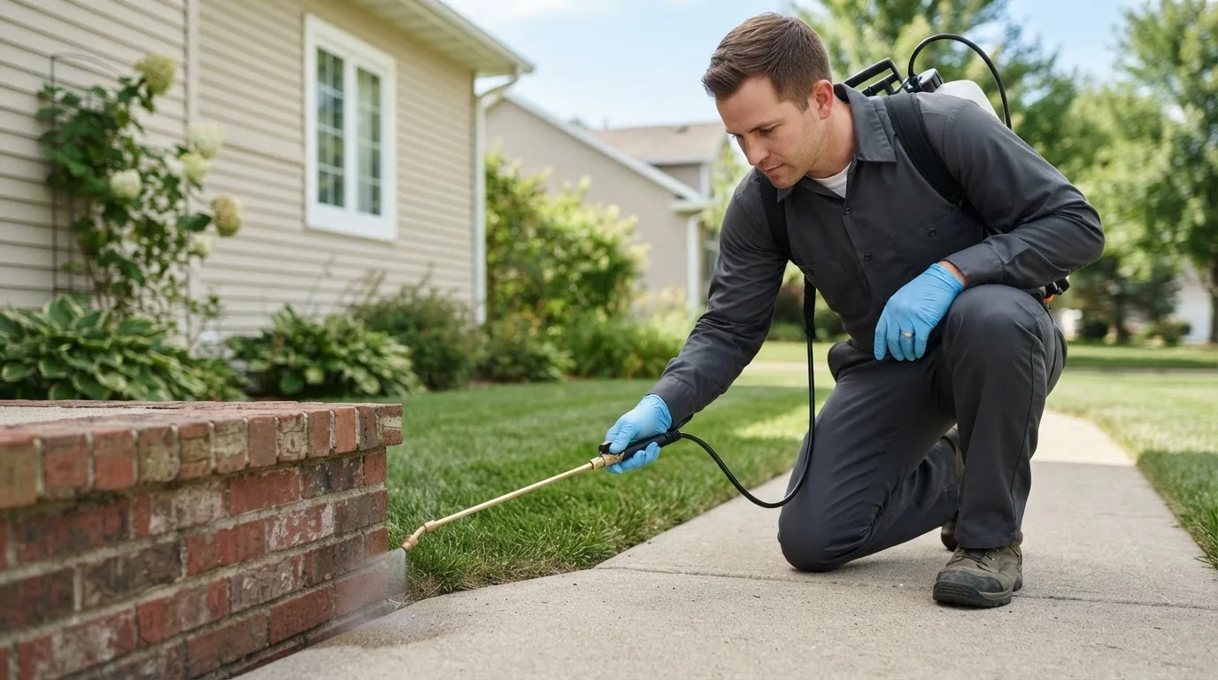 Pest control technician treating a home near Riesel, TX